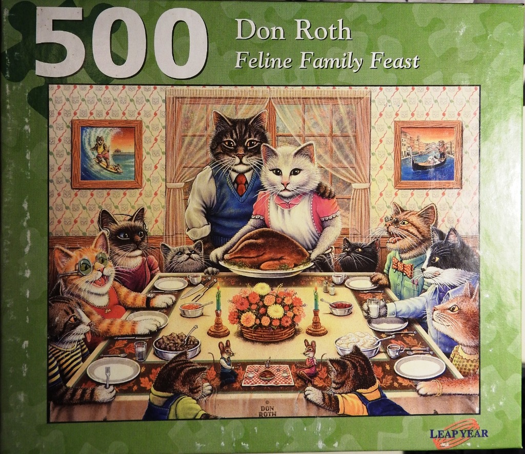 Illustration of an anthropomorphic cat family gathered around a Thanksgiving dinner table.