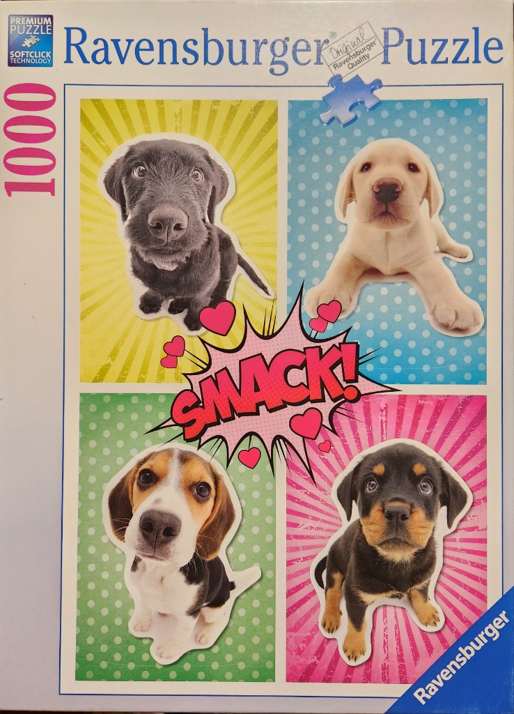 A collage of four adorable puppies on vibrant, retro-styled comic book backgrounds.