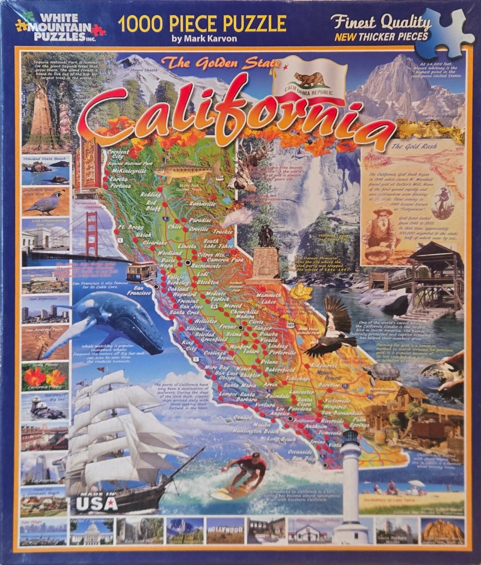 A collage-style illustrated map of California featuring landmarks, wildlife, and historical scenes.