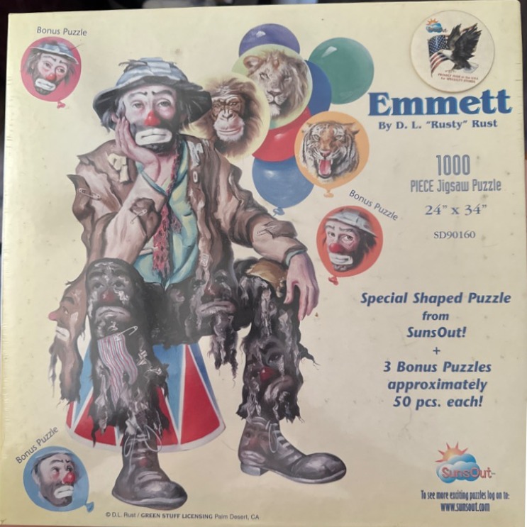Painting of a sad clown named Emmett sitting on a circus pedestal surrounded by animal-themed balloons.