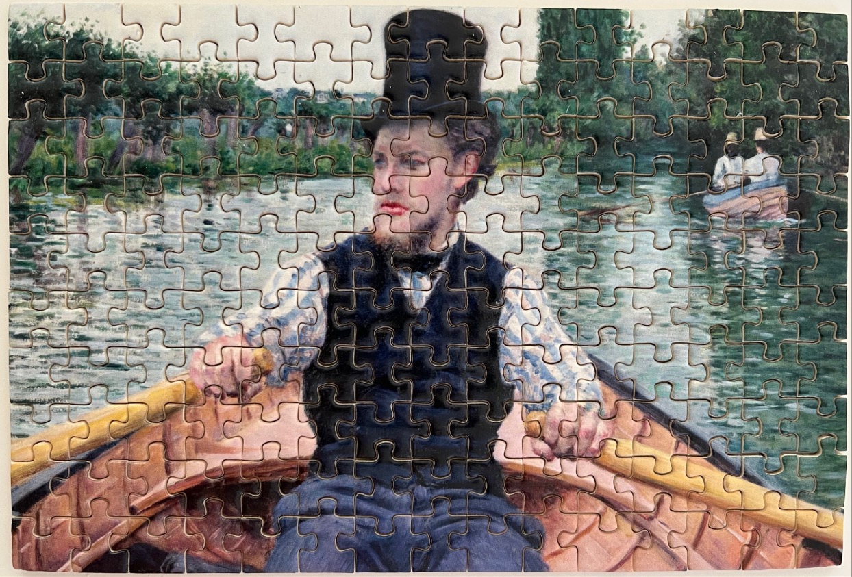 Painting of a man in a top hat rowing a wooden boat on a river, with another boat in the distance.