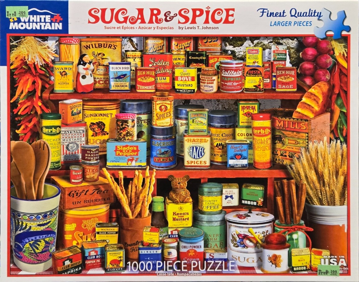 A vintage-style illustration of a pantry shelf filled with colorful antique tin spice and food containers.