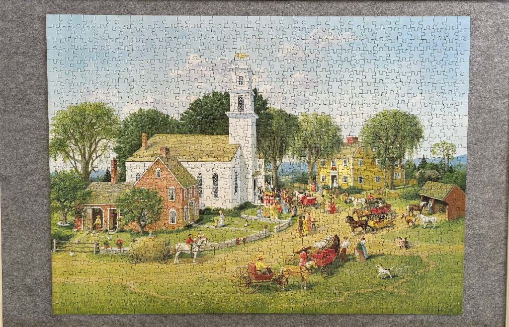 An illustration of an 18th-century village scene with a white church, a brick house, and horse-drawn carriages.