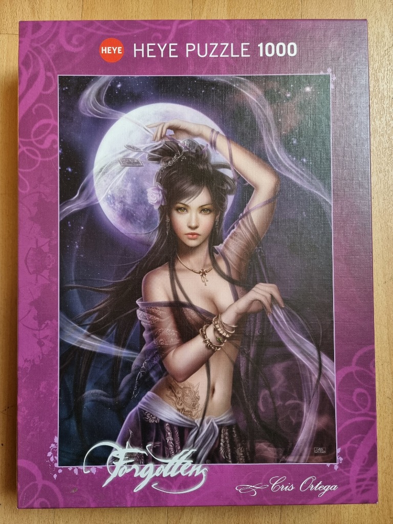 Fantasy illustration of a young woman with long dark hair standing before a large full moon.