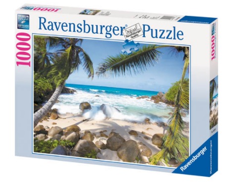 A tropical beach scene with palm trees, white sand, and turquoise waves crashing against large rocks.