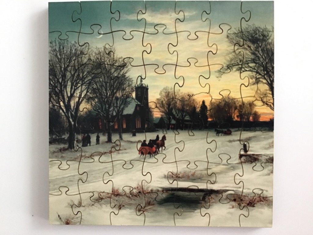 A winter landscape painting of a horse-drawn sleigh approaching a church at dusk.