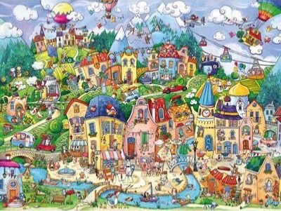 A bustling, whimsical European-style town scene filled with cartoon animals, vibrant buildings, and mountain landscapes.