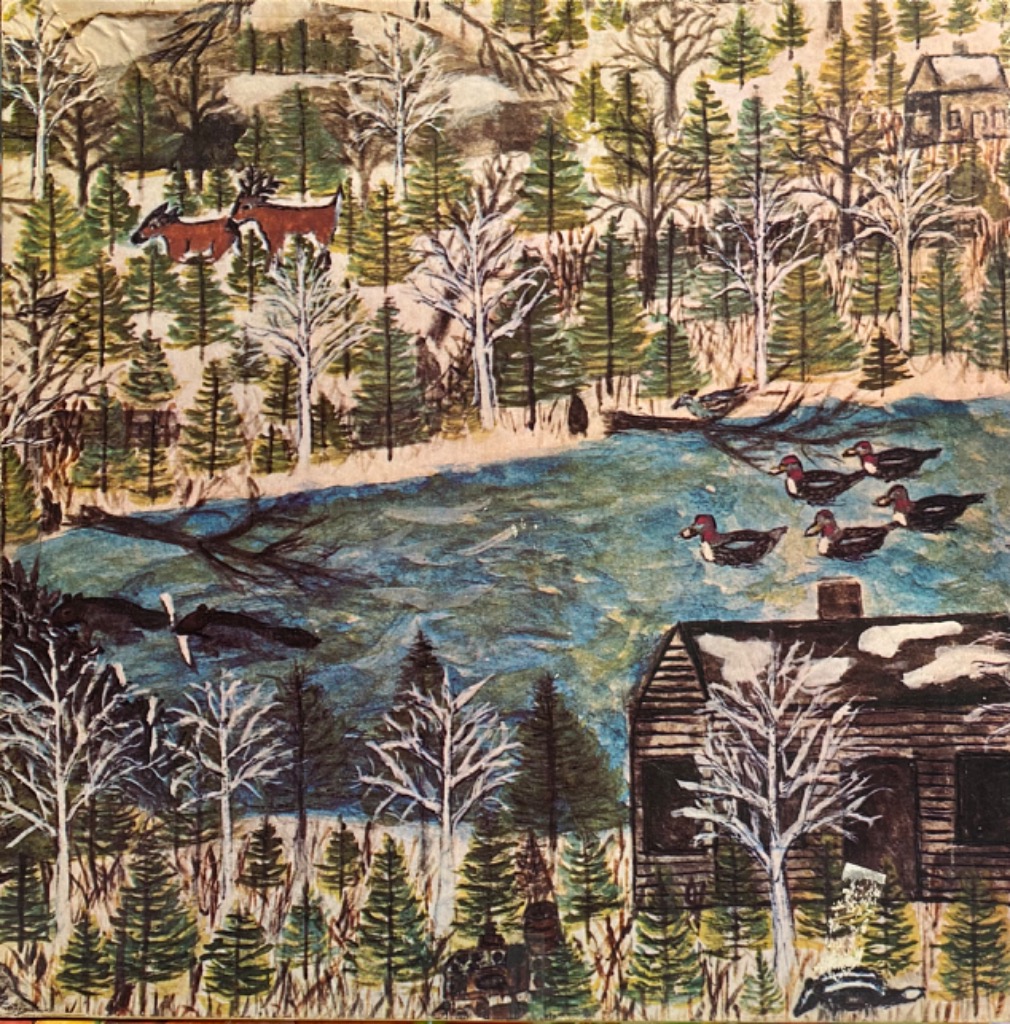 Folk art painting of a winter woodland scene with a cabin, a frozen pond, deer, and ducks.
