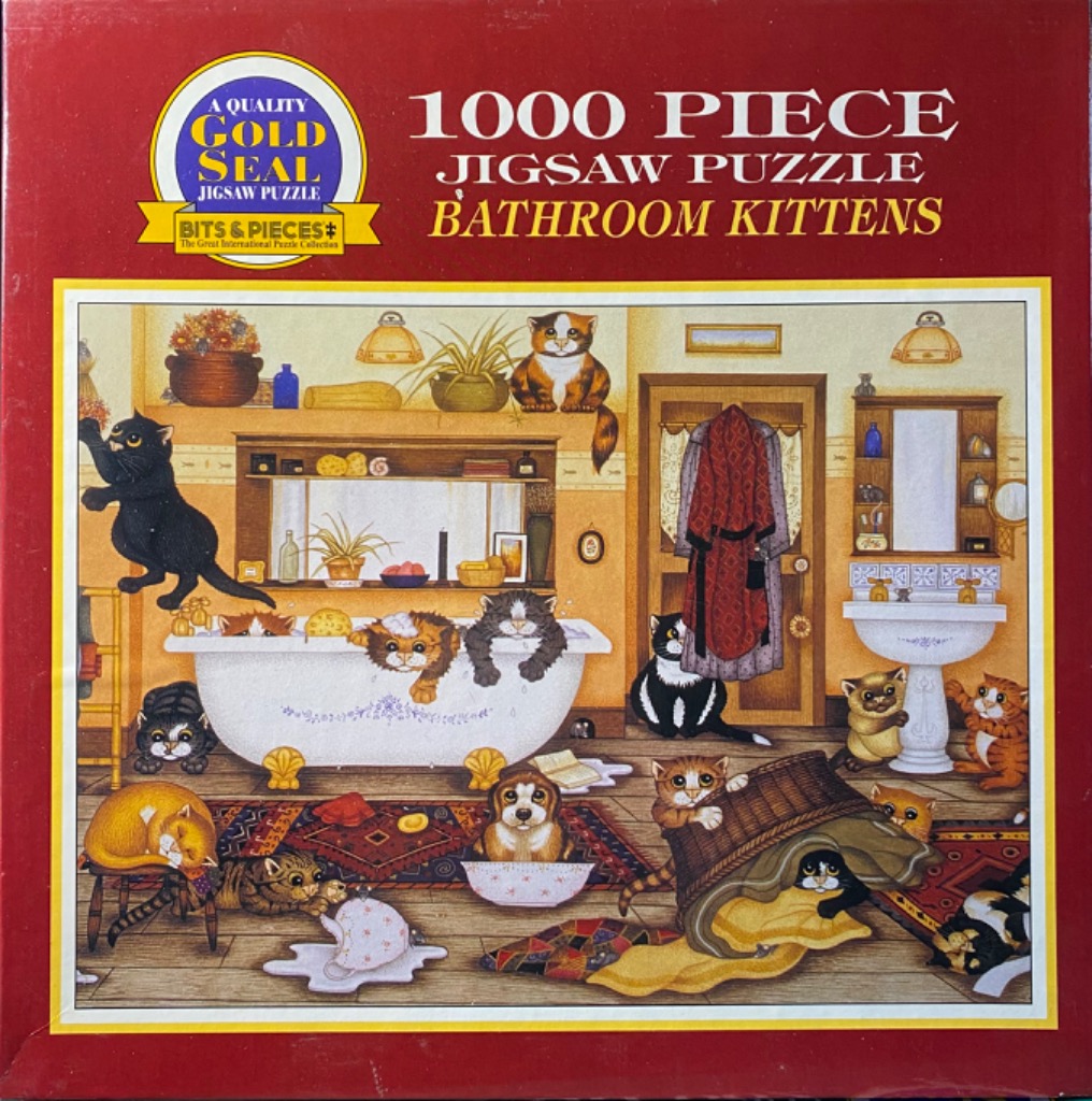 Illustration of a chaotic, cozy bathroom filled with various kittens playing and relaxing.