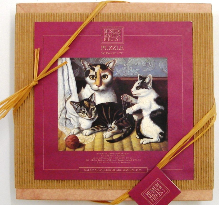 Painting of a calico cat sitting behind two smaller kittens, one playing with a red yarn ball and the other with thread.