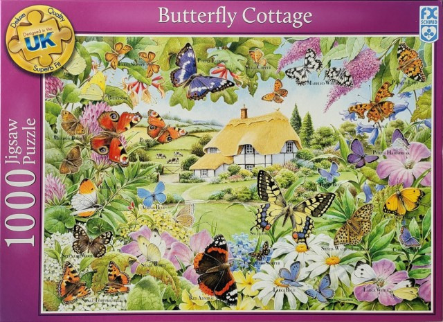 An illustration of various butterfly species surrounding a thatched-roof country cottage in a blooming garden.