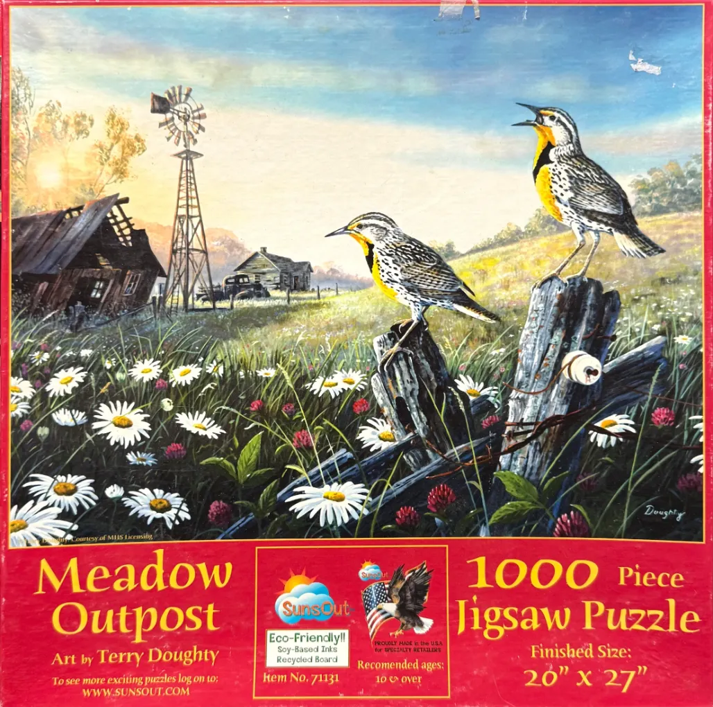 Two meadowlarks perched on an old wooden fence in a blooming wildflower field at sunset.