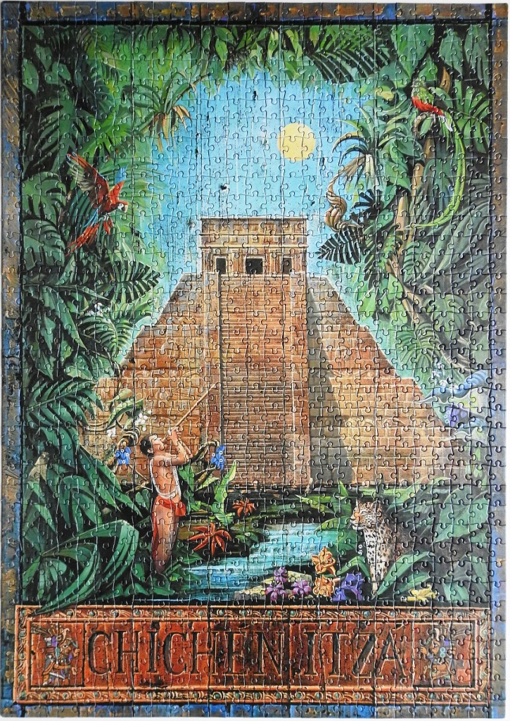 An illustration of the Chichén Itzá pyramid surrounded by lush jungle, wildlife, and a person playing a flute.