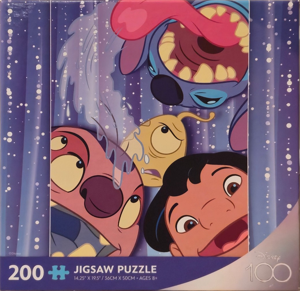 Lilo, Stitch, Angel, and Scrump in a whimsical, colorful illustration against a purple background.