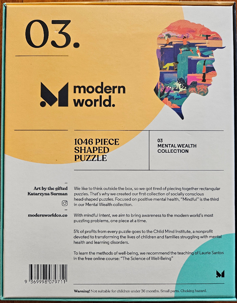 Head silhouette filled with colorful abstract art and figures meditating, with text "03. MODERN WORLD. MENTAL WEALTH COLLECTION".