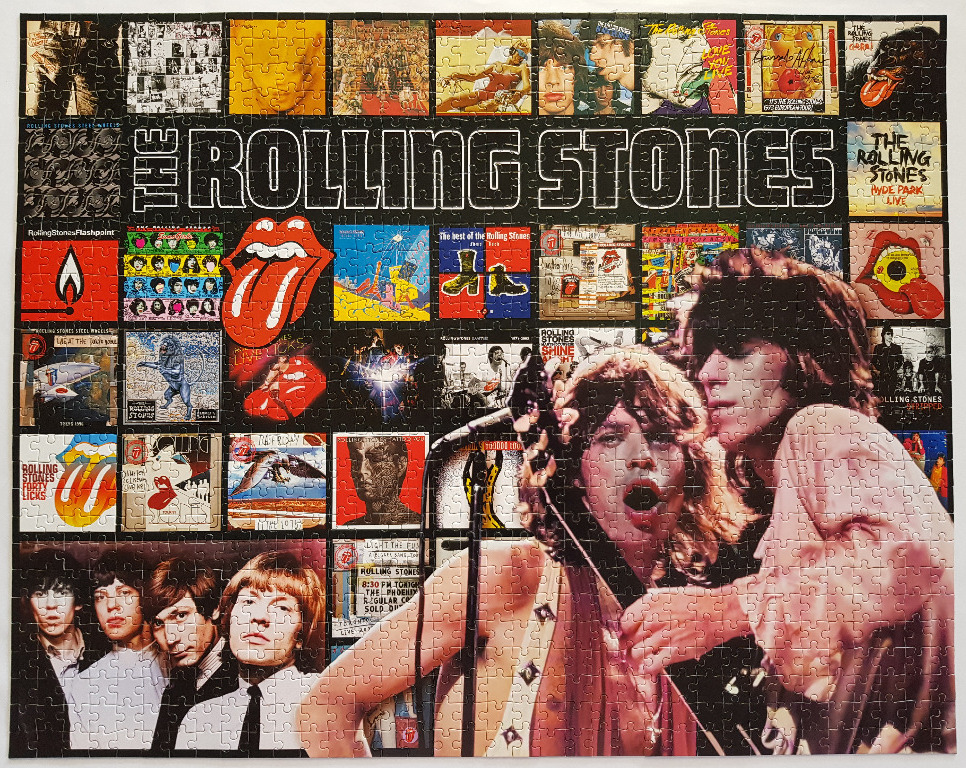 A collage of Rolling Stones album covers and concert photography featuring the band members.