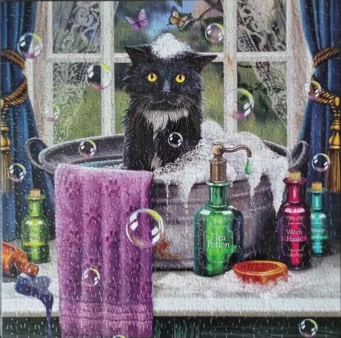 A black cat with a soap bubble on its head sits in a metal basin surrounded by apothecary bottles and floating bubbles.