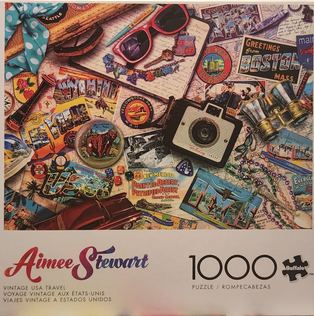 A collage of vintage American travel memorabilia including postcards, a camera, binoculars, and map fragments.