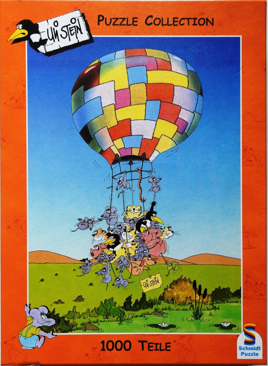 Cartoon illustration of a patchwork hot air balloon carrying a chaotic group of animals over a green landscape.
