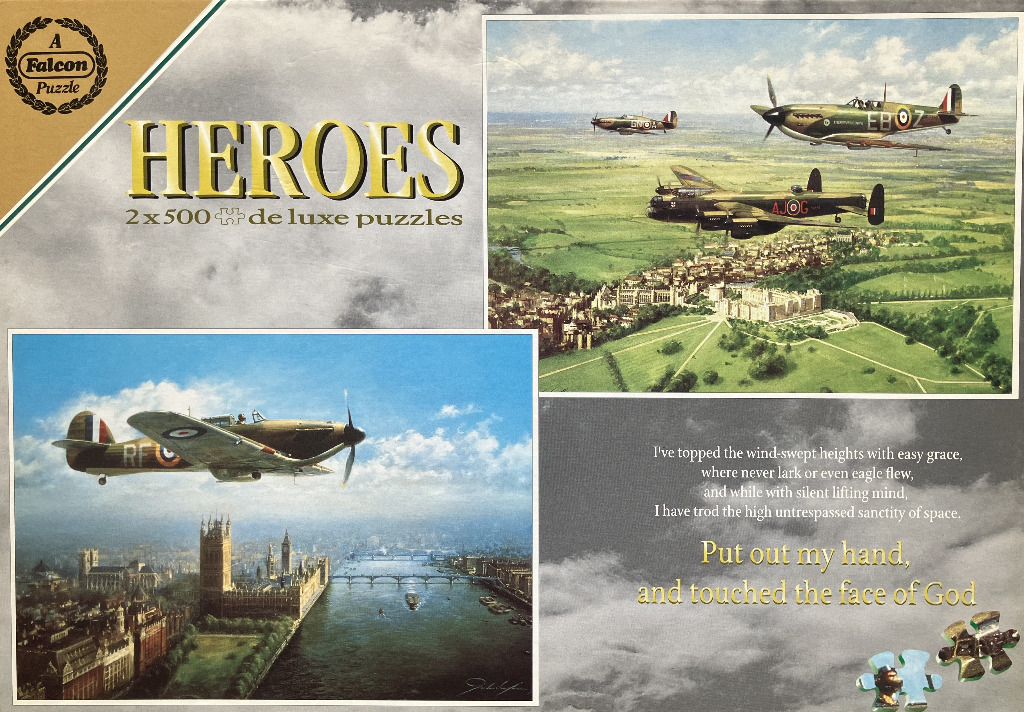 Two classic aviation paintings featuring World War II fighter planes over the English countryside and London.