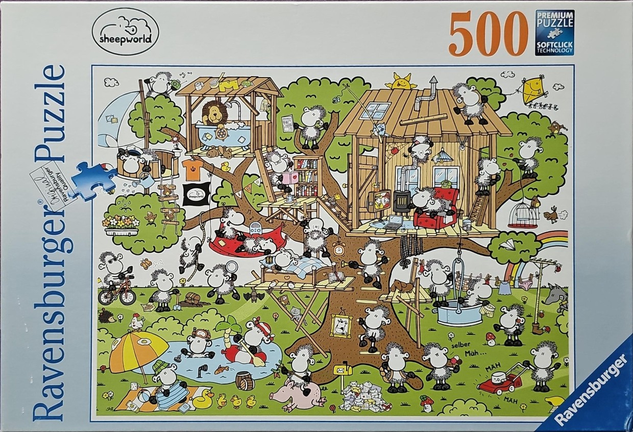 Cartoon scene of many white sheep playing in and around a large treehouse complex.