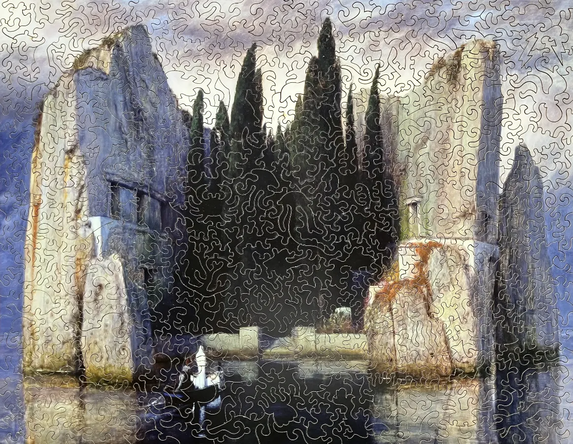 A small boat with a cloaked figure approaching an island cemetery with tall cypress trees and stone walls.