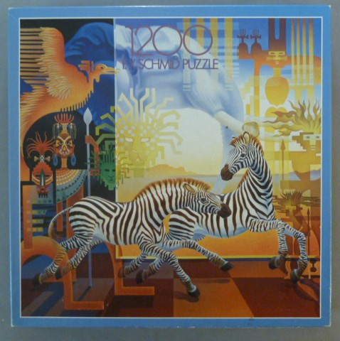 Surreal illustration of two zebras running through a layered landscape with African-inspired tribal art motifs.
