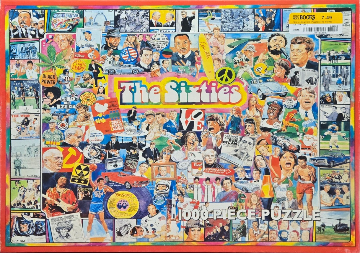 A vibrant collage depicting iconic people, events, and cultural symbols of the 1960s.