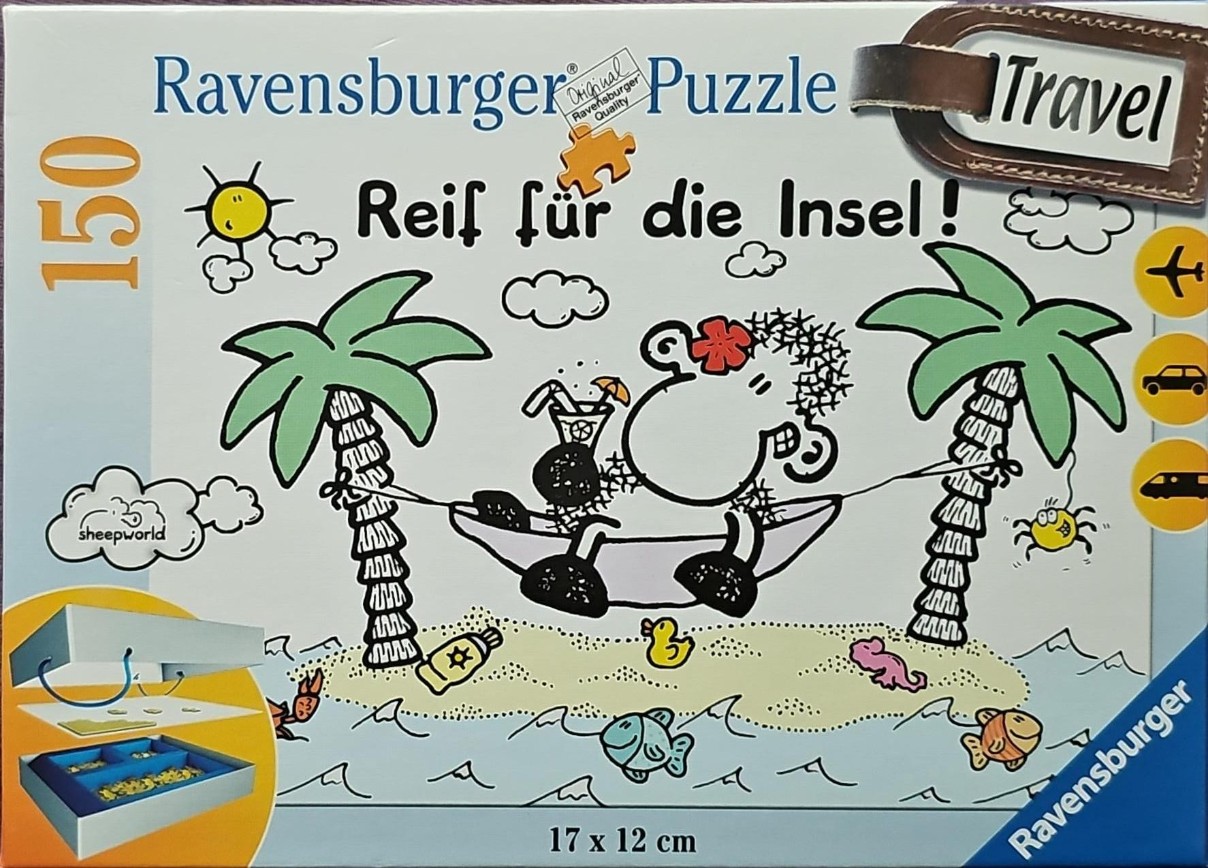 A whimsical cartoon illustration of a sheep relaxing in a hammock between two palm trees on a small desert island.
