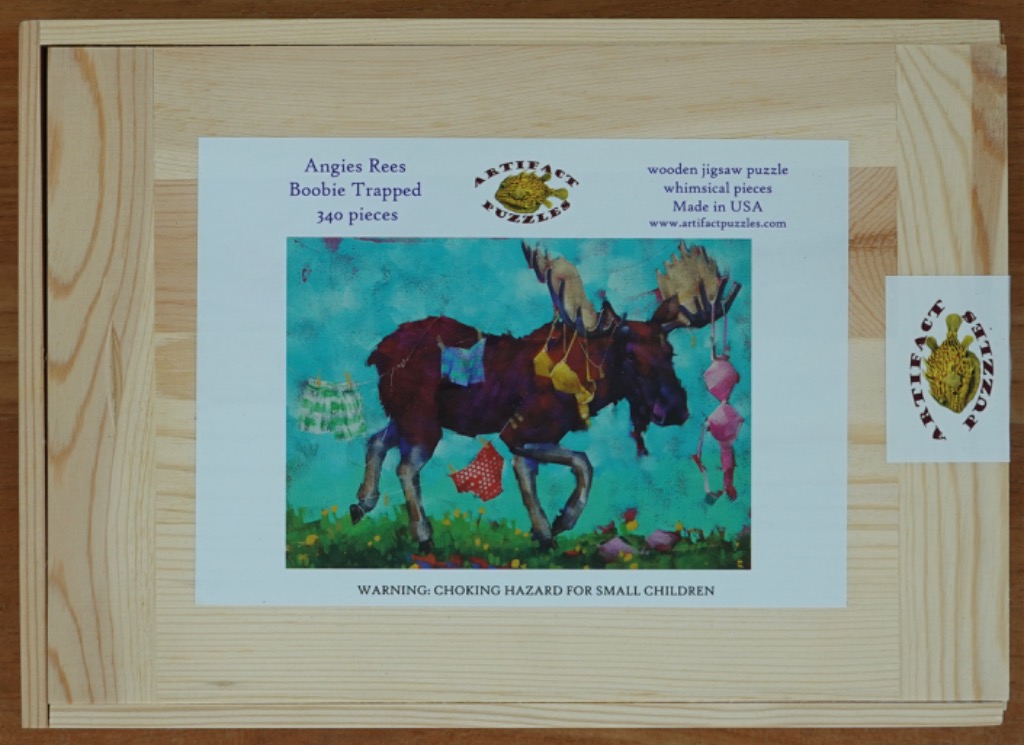 A whimsical painting of a dark brown moose draped in colorful ladies' undergarments against a teal background.