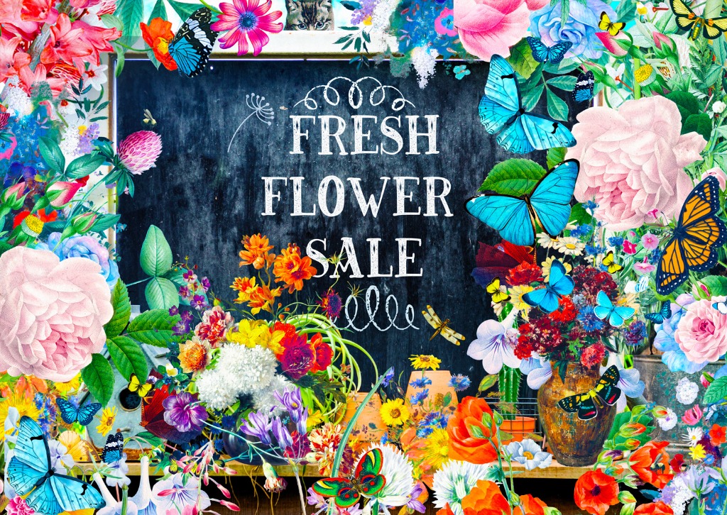 A chalkboard sign reading FRESH FLOWER SALE surrounded by vibrant flowers and butterflies.