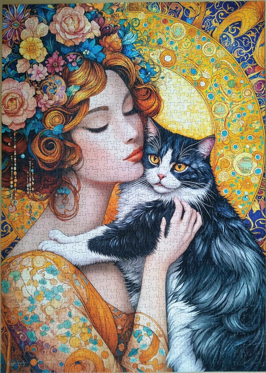 Art Nouveau style illustration of a woman with red hair and a floral crown holding a black and white cat.