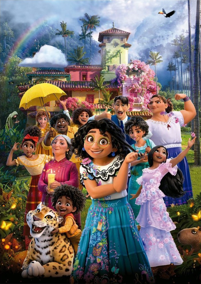 An animated group portrait of a large, diverse family standing in front of a colorful, multi-storied house.