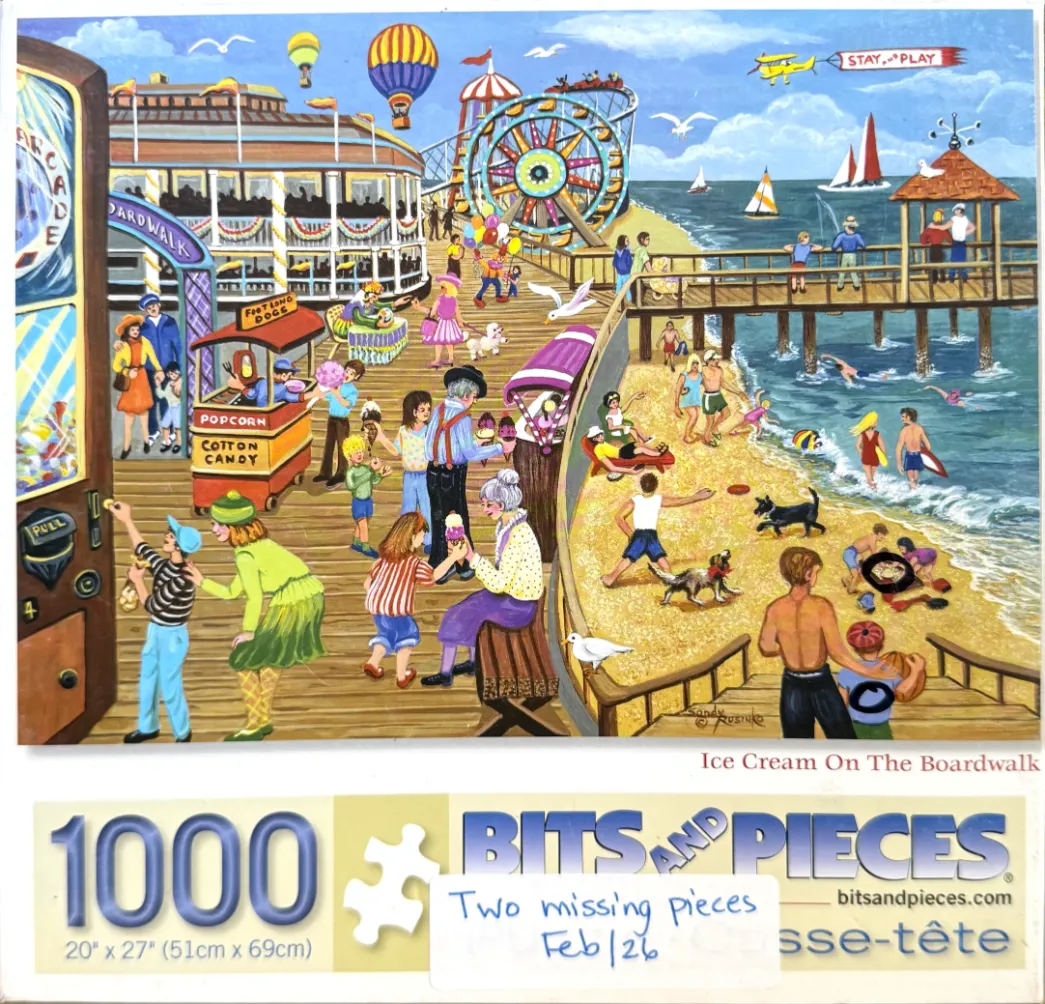 Illustration of a sunny beach boardwalk scene with crowds, carnival rides, and people enjoying ice cream.