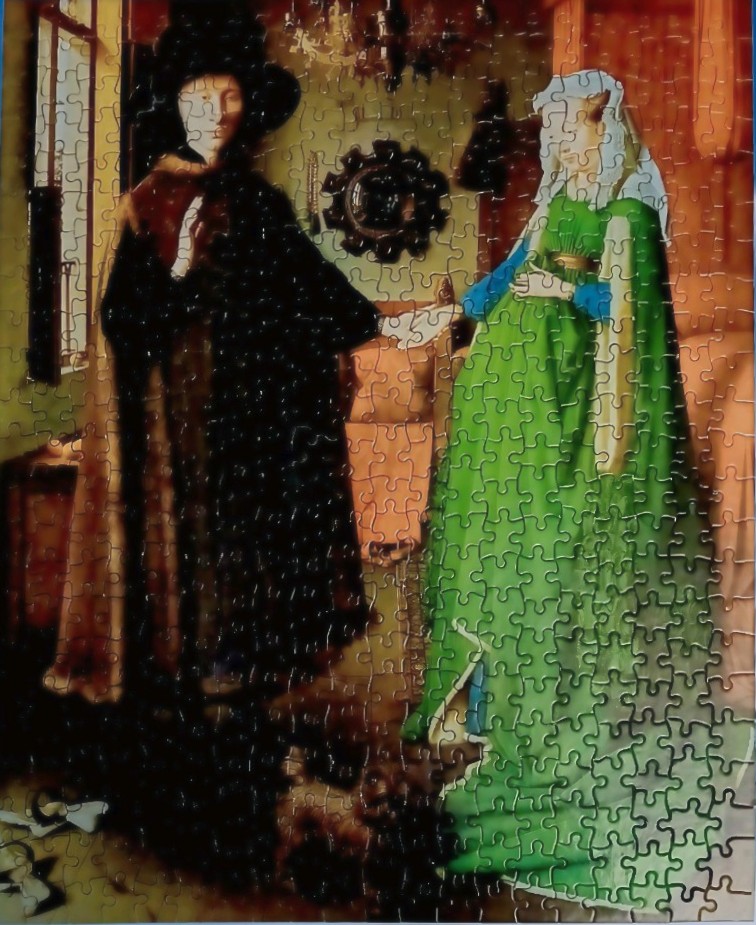 A reproduction of the Arnolfini Portrait featuring a man in black and a woman in a green dress.