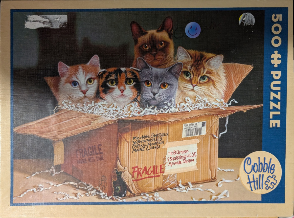 A group of four different cats sitting inside a cardboard box filled with paper packing material.
