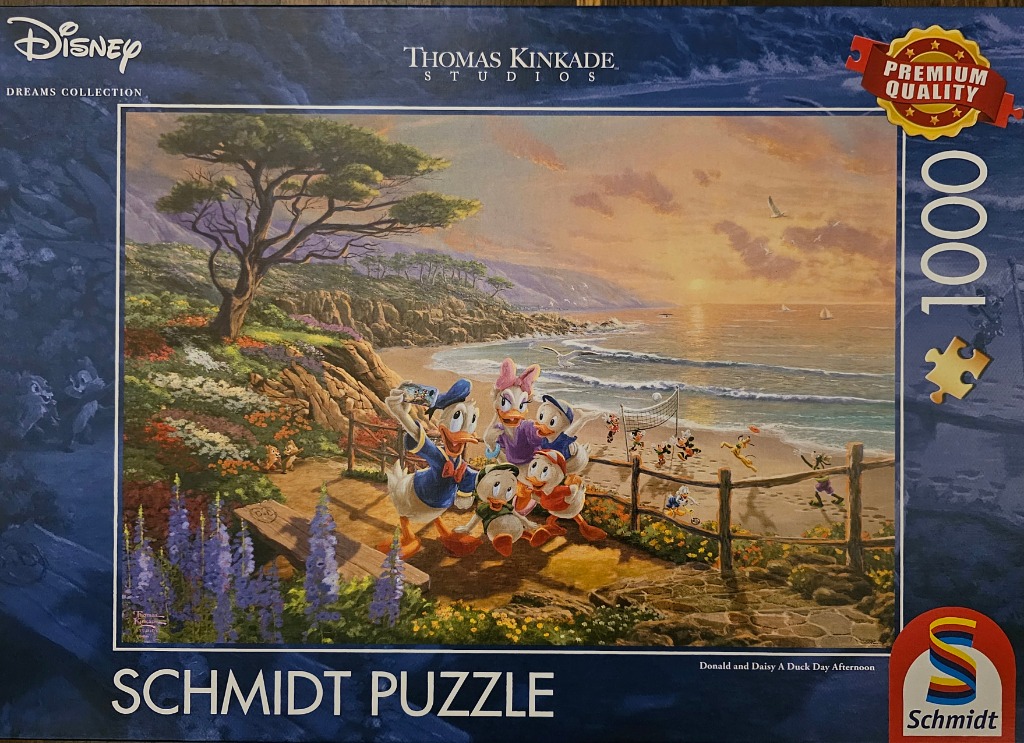 Donald and Daisy Duck taking a selfie on a sunny beach with friends in an impressionistic painting style.