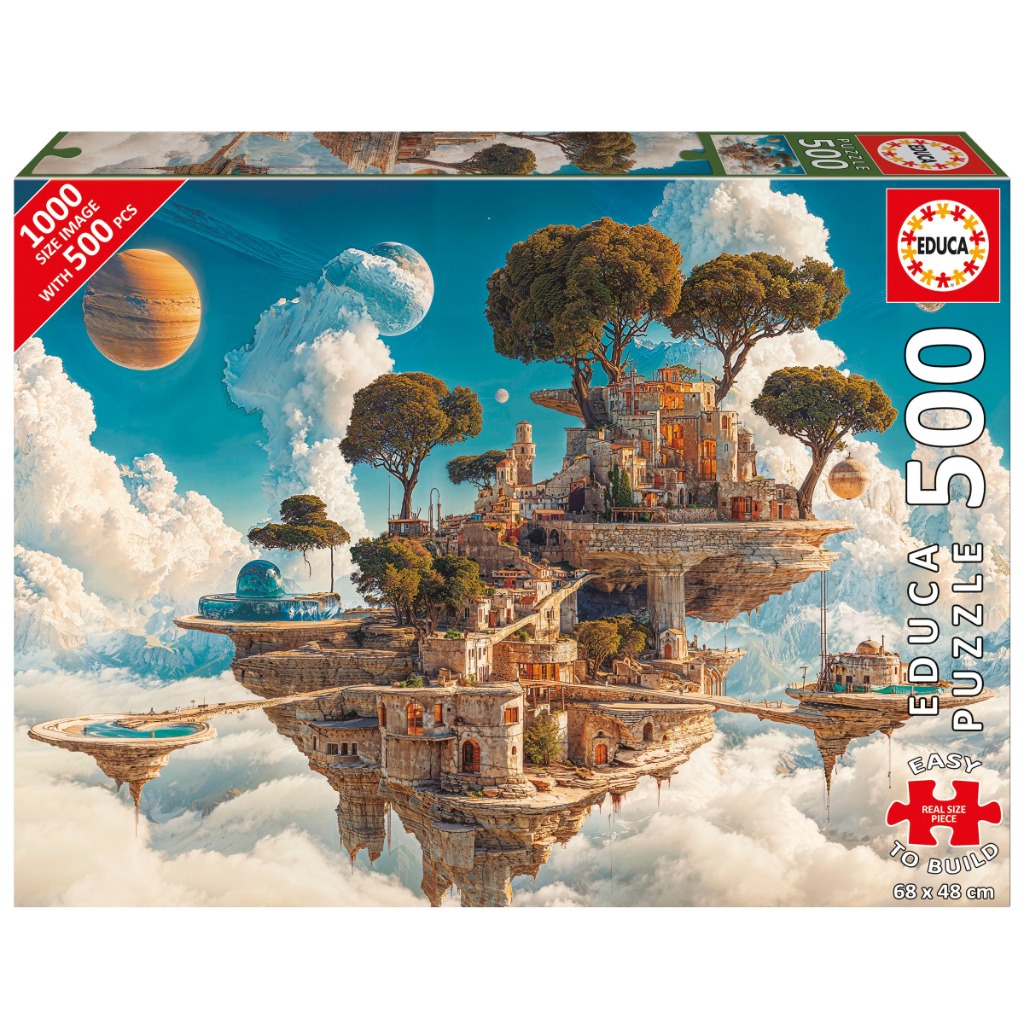 A fantasy floating island city with ancient stone architecture and trees suspended among clouds and planets.
