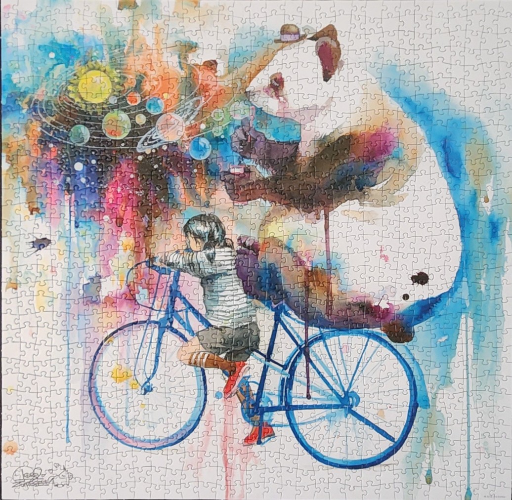 Watercolor illustration of a girl riding a bicycle with a giant panda, with a solar system floating above them.