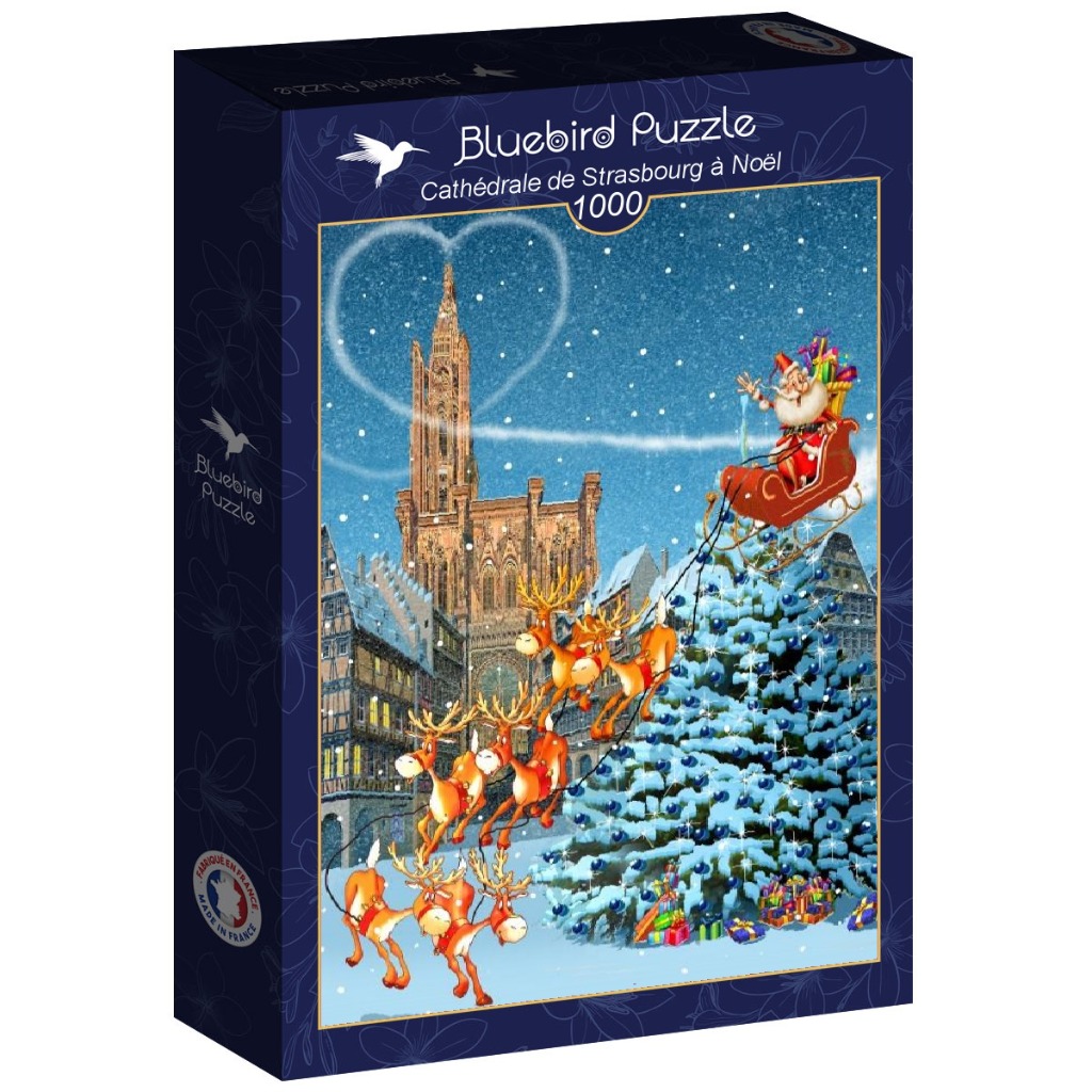 Illustration of Santa Claus in his sleigh flying over the Strasbourg Cathedral during a snowy Christmas night.
