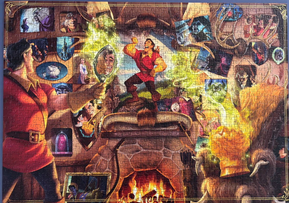 Gaston from Beauty and the Beast holding a glowing magic mirror in a tavern scene with portraits.