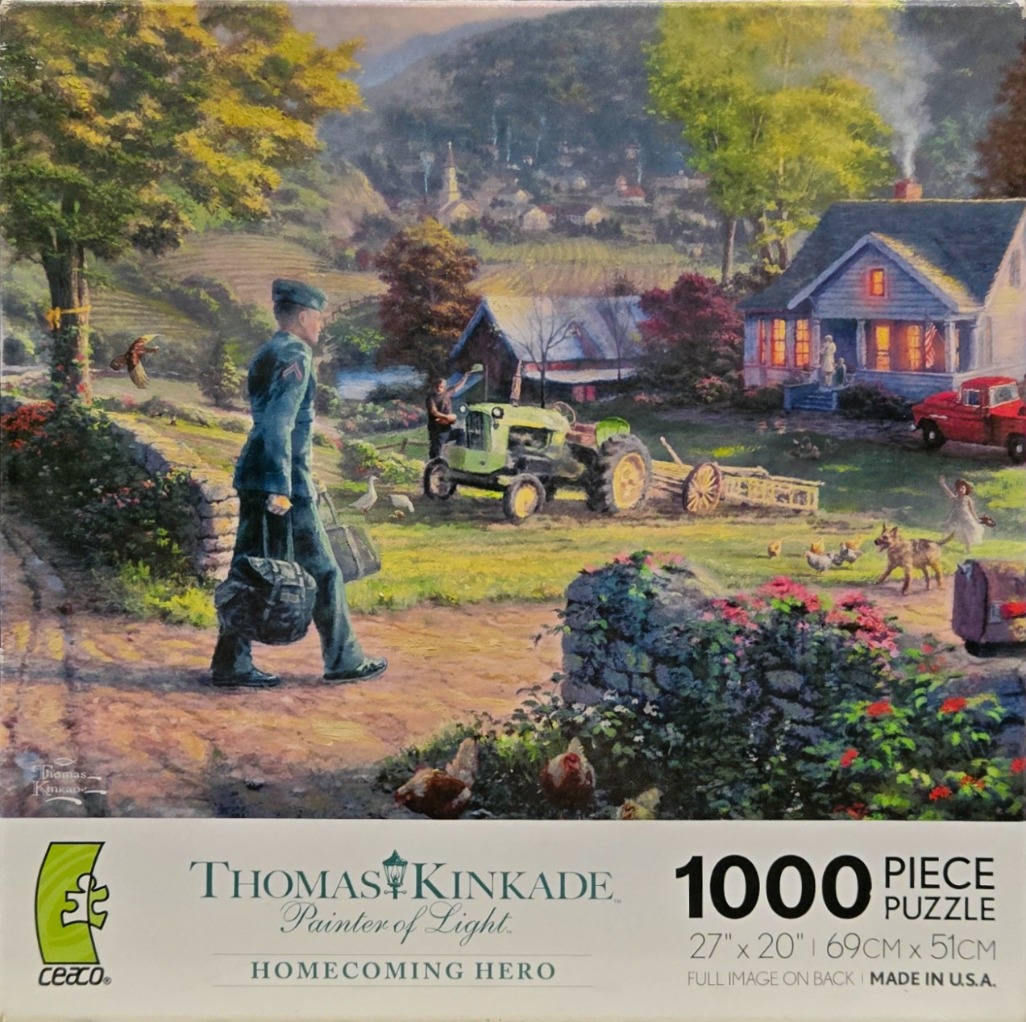 An oil painting of a soldier returning home to a rural farmhouse with a tractor, a dog, and a family in the doorway.