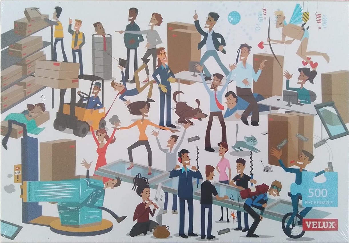Whimsical cartoon illustration of diverse people interacting with warehouse boxes and a conveyor belt.