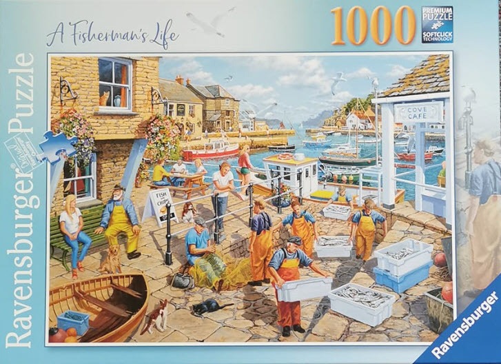 An illustration of a bustling harbor scene with fishermen sorting their catch near a cafe.