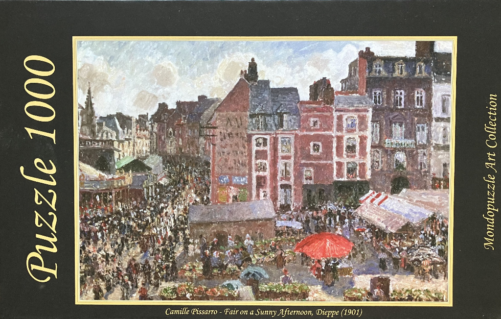 Impressionist painting of a bustling fair in a Dieppe town square by Camille Pissarro.