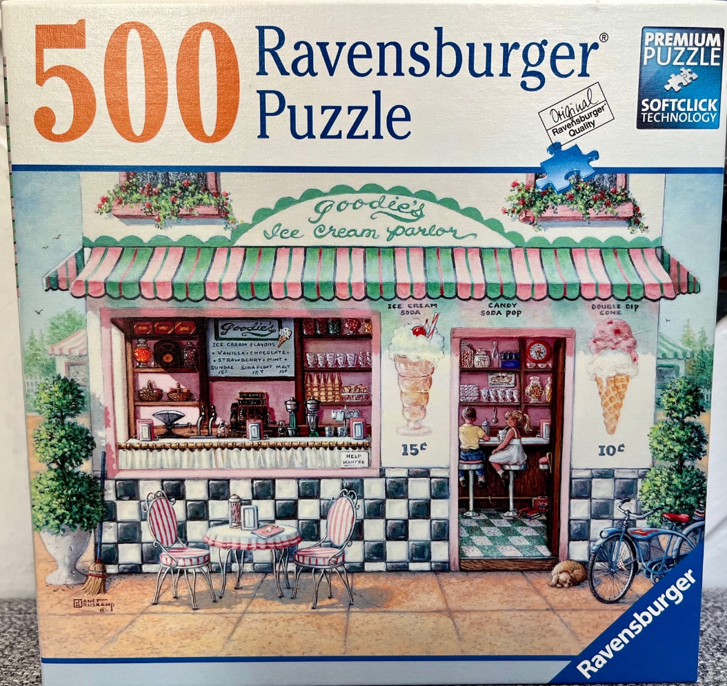 Illustration of an old-fashioned ice cream parlor with outdoor seating and children at the counter.