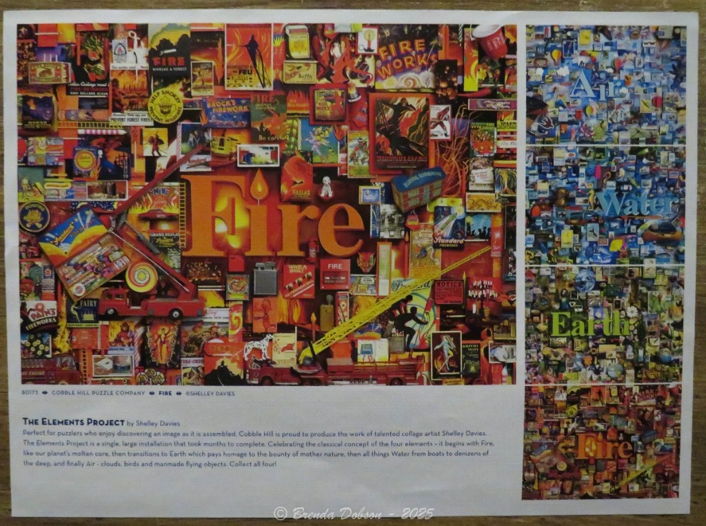 A collage centered on the word Fire, featuring vintage imagery, fireworks advertisements, and fire department motifs.