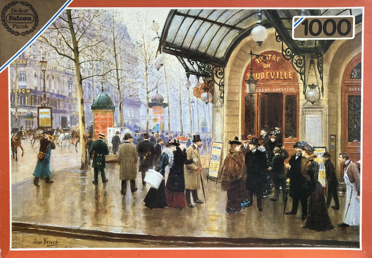 Oil painting of people in Victorian attire outside the Theatre du Vaudeville in Paris.