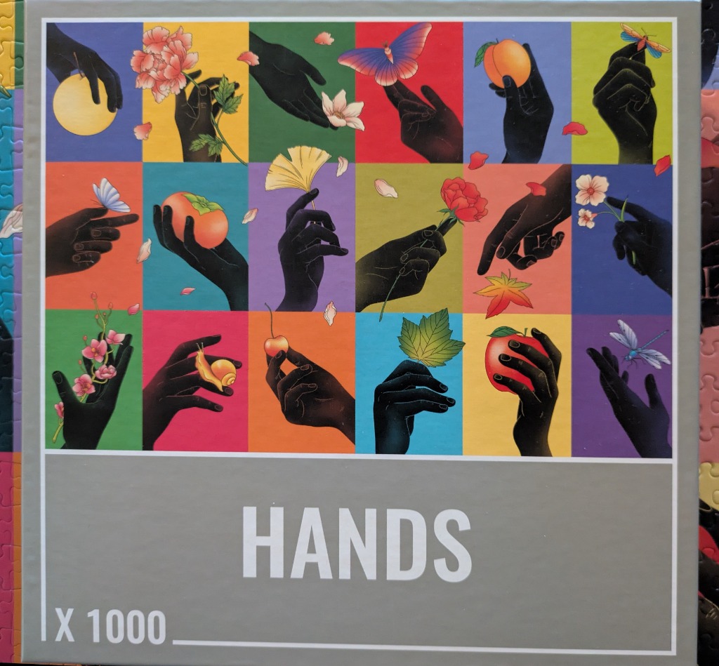 A grid of eighteen rectangular panels, each featuring a dark silhouette hand holding or interacting with botanical elements.