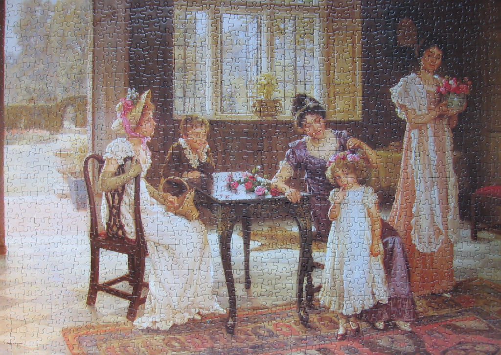 A Victorian-style painting of four figures in a sunlit room, including women and children.